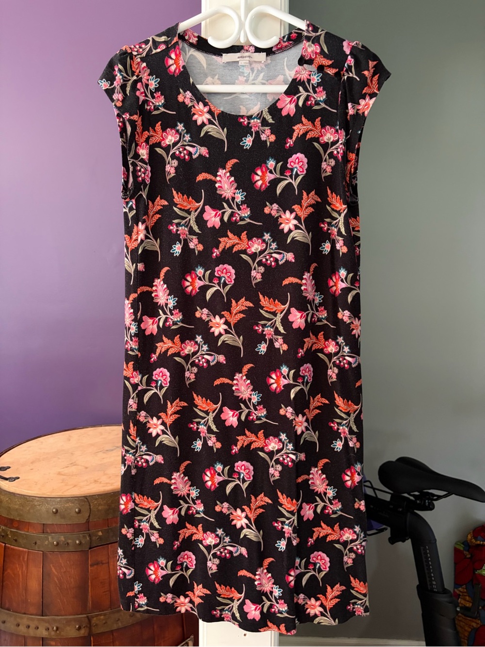 LOFT Black Midi Dress with Pink & Coral Floral Print